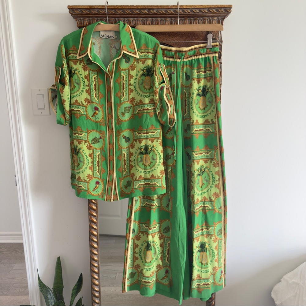 Alemais La Musica Set Green Silk Luxury Resort Style Shirt and Wide Leg Pants